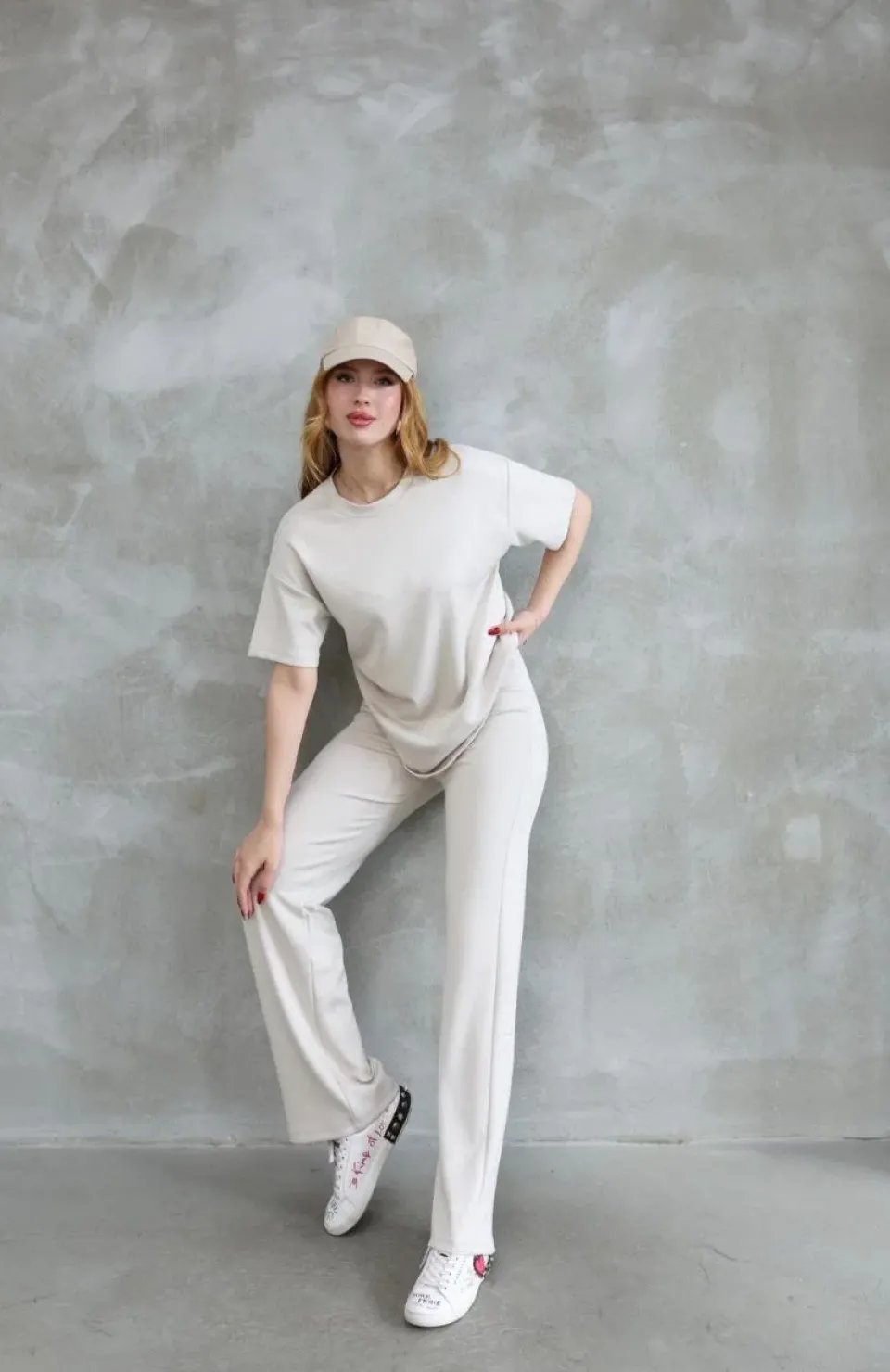 Osy Modal Yumuşak dokulu Kumaş Bisiklet Yaka Taş detaylı Kısa Kollu Takım - Kırık Beyaz