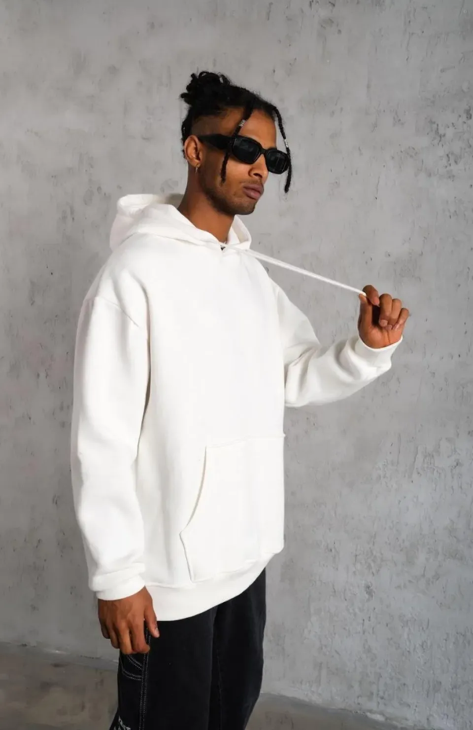 Erkek Düz Kapüşonlu Sweat - Beyaz