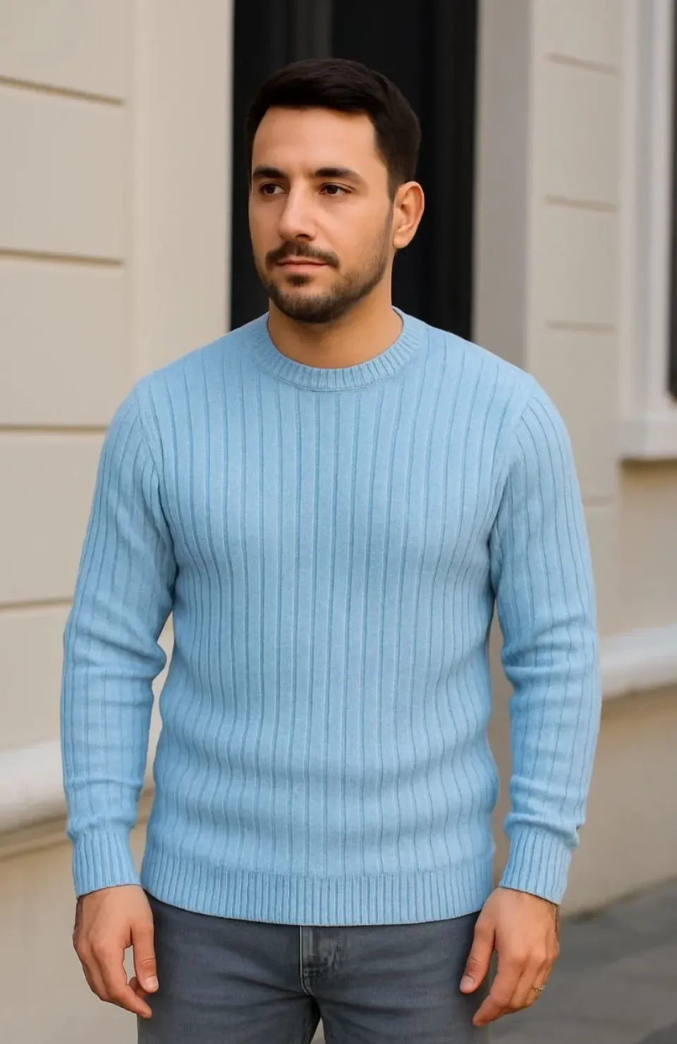 Erkek Bisiklet Yuvarlak Yaka Triko Kazak Pamuklu Kalın Fitilli Dokuma, Regular Fit Uzun Kollu Kışlık Model - Bebe Mavisi