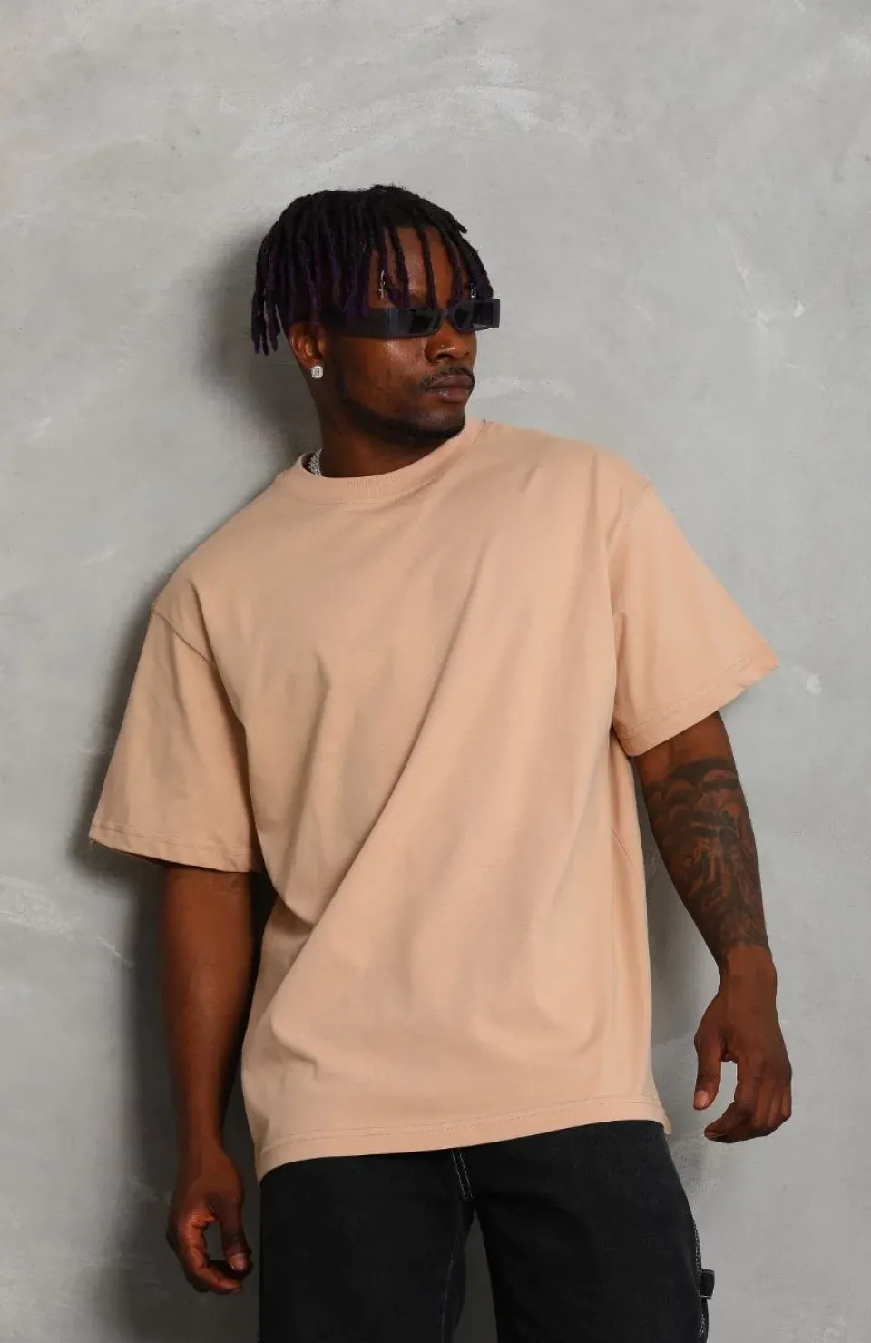 Unisex Oversize Düz Bisiklet Yaka T-Shirt - Bej