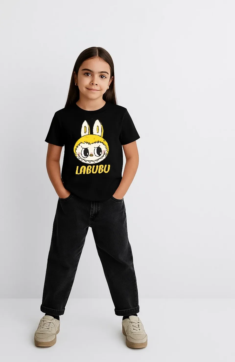 Kız Labubu Çocuk Baskılı T-Shirt - Siyah