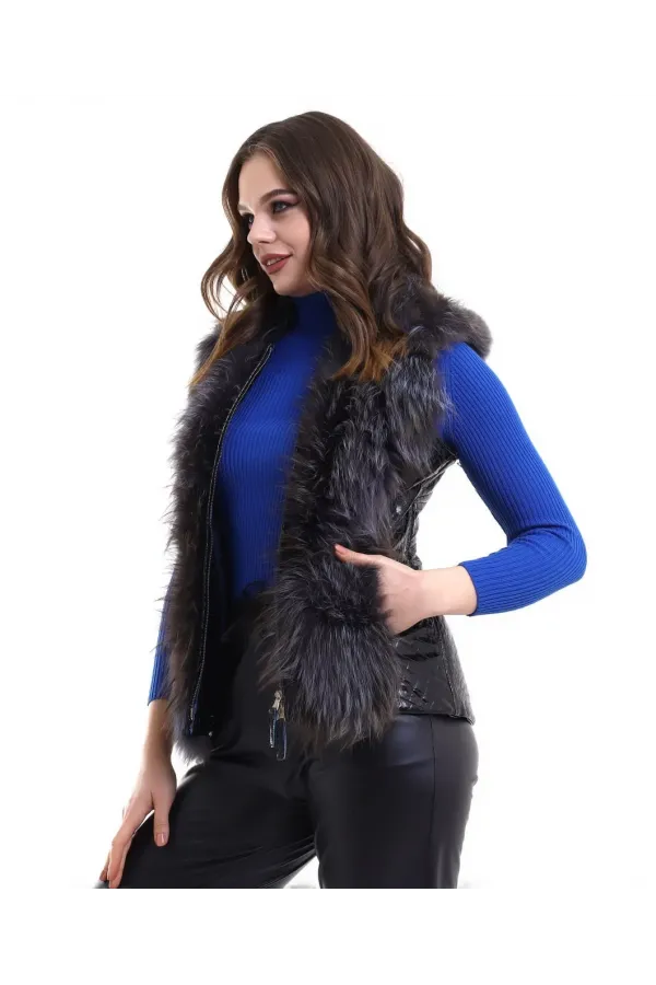 Kadın Fermuarlı Koyun Derisi Tilki Kürkü - Siyah