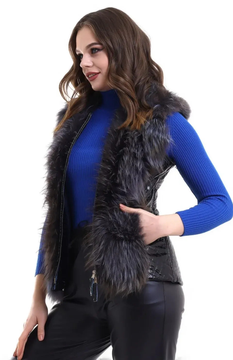 Kadın Fermuarlı Koyun Derisi Tilki Kürkü - Siyah