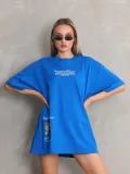 Unisex Bisiklet Yaka Baskılı Oversize T-Shirt - Mavi
