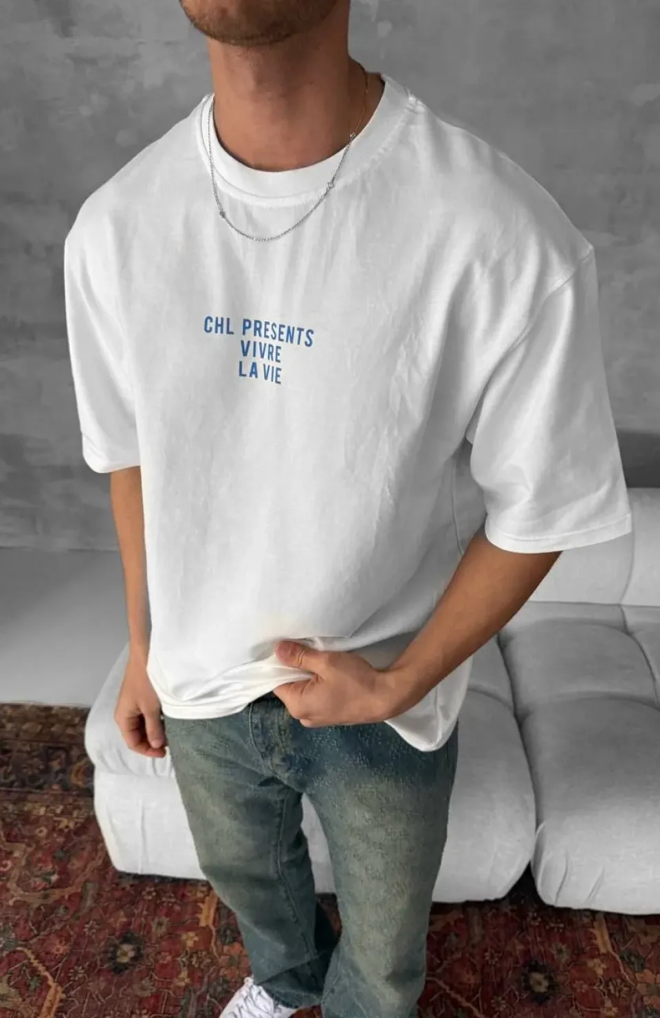 Ön ve Arka Baskılı Oversize Bisiklet Yaka T-shirt- Beyaz