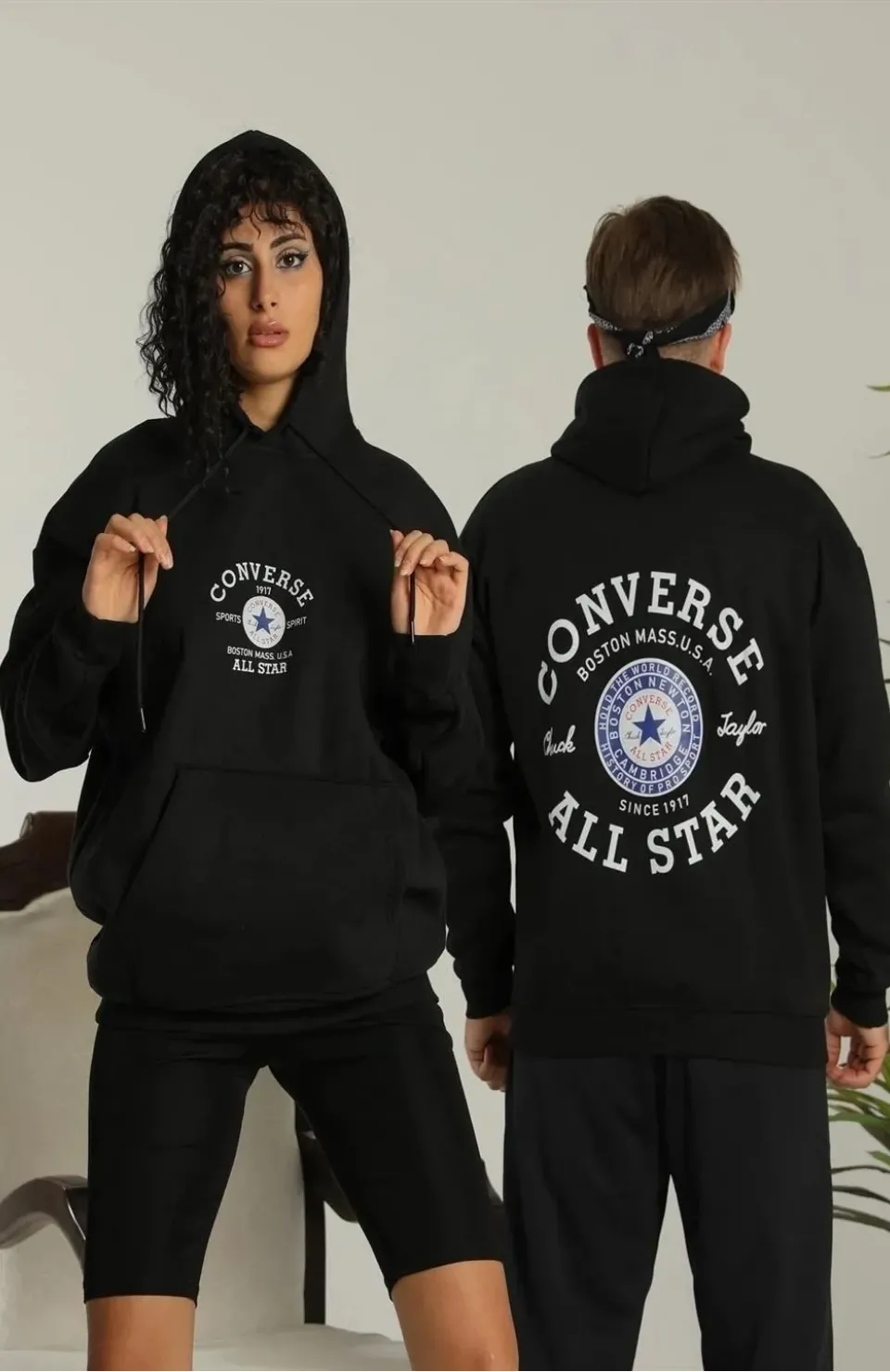 Erkek Sırt Baskılı Oversize Üç İplik Kapüşonlu Hoodie Sweatshirt - Siyah