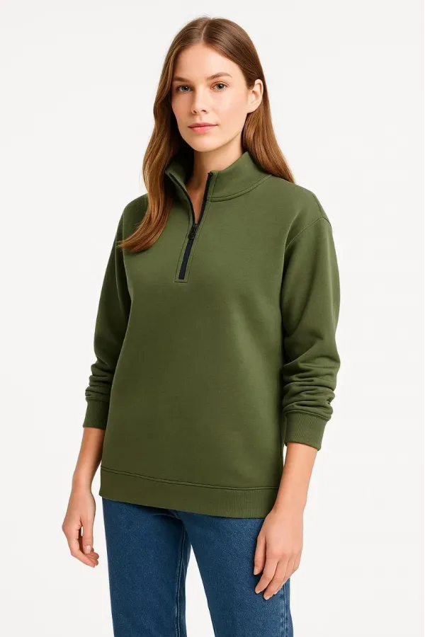 Kadın Üç İplik Dık Yaka Yarım Fermuarlı SweatShirt - Haki