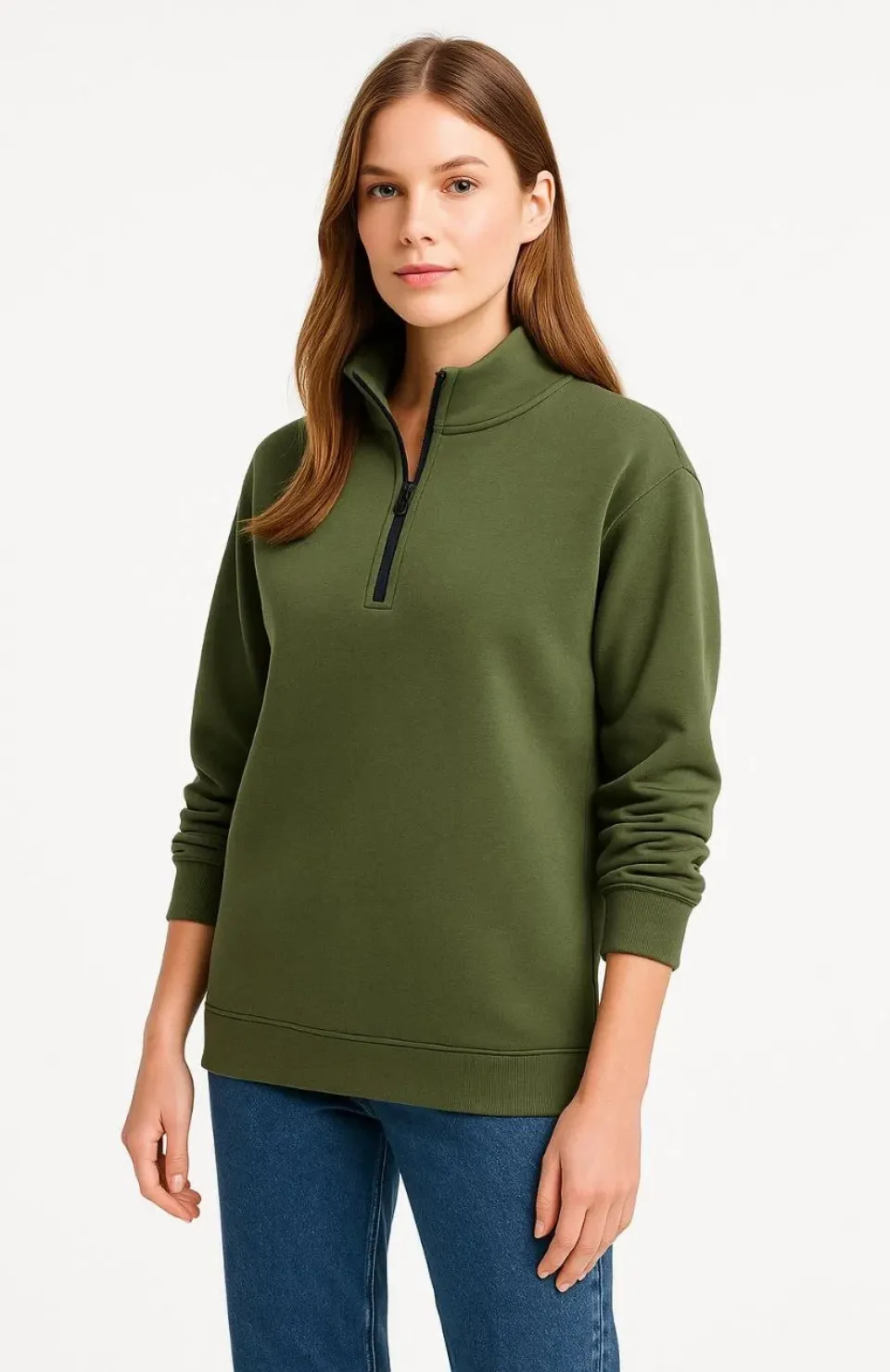 Kadın Üç İplik Dık Yaka Yarım Fermuarlı SweatShirt - Haki