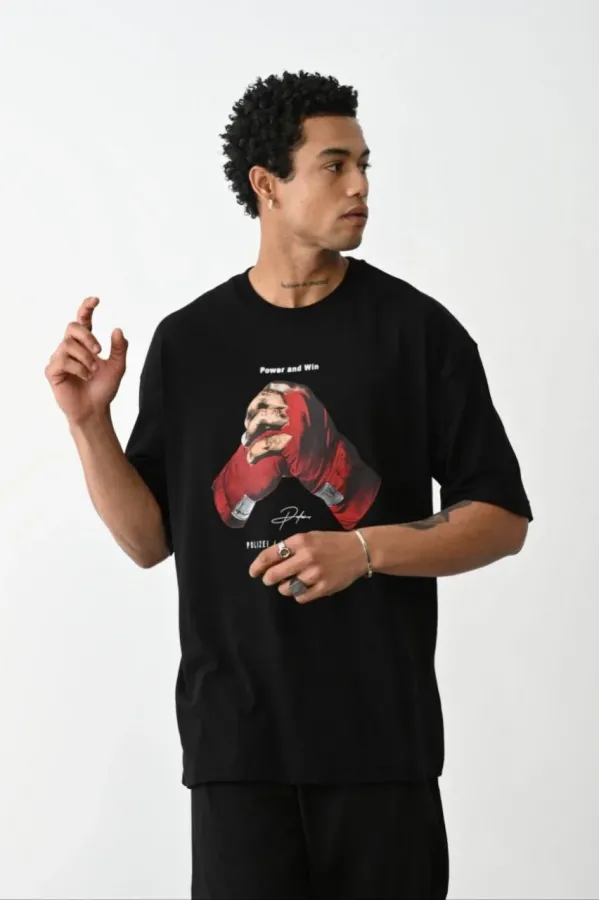 Unisex Baskılı Oversize T-Shirt - Siyah