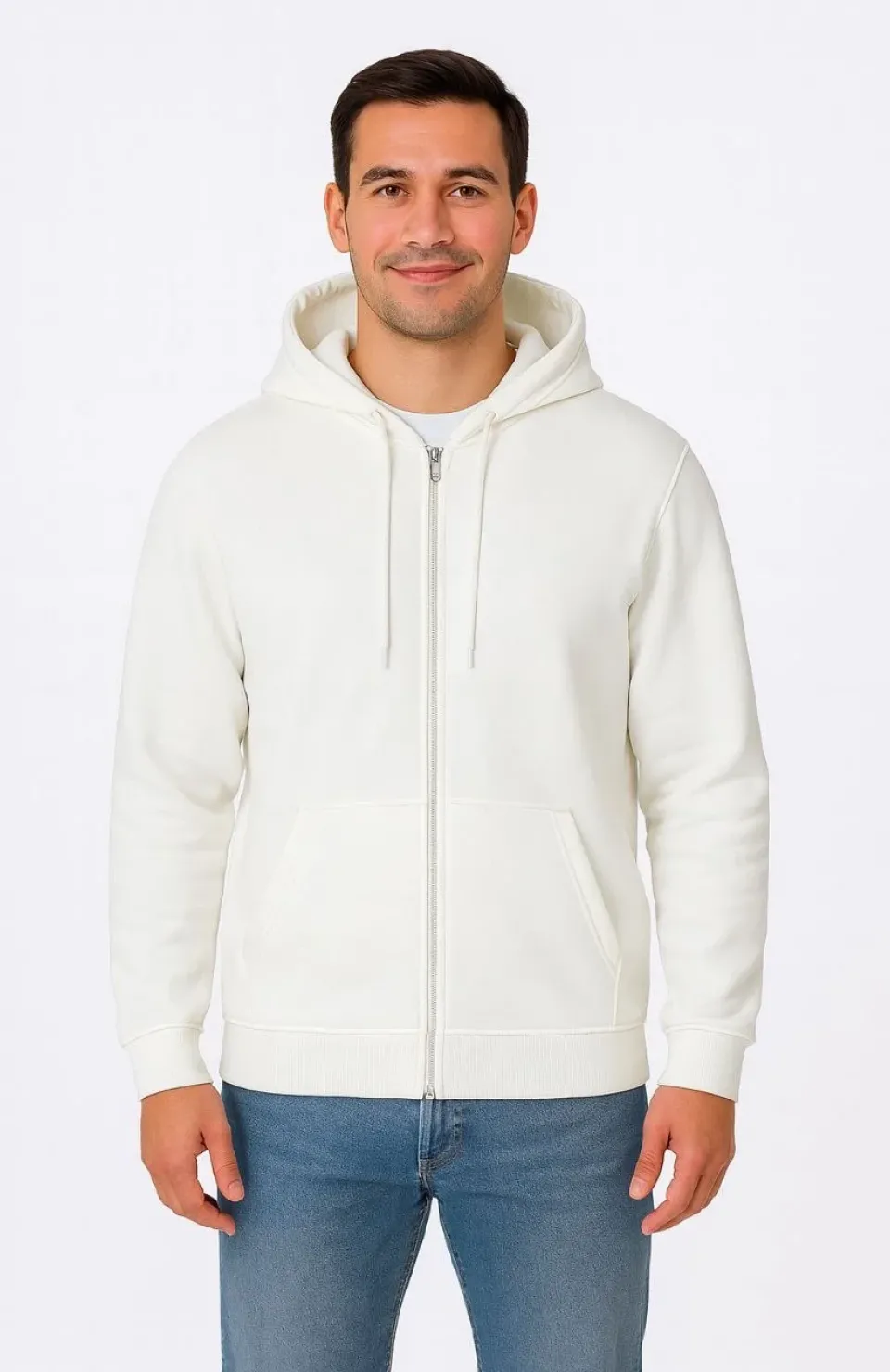 Erkek Üç İplik Kapüşonlu Tam Fermuarlı Kanguru Cepli SweatShirt Hoodie - Beyaz