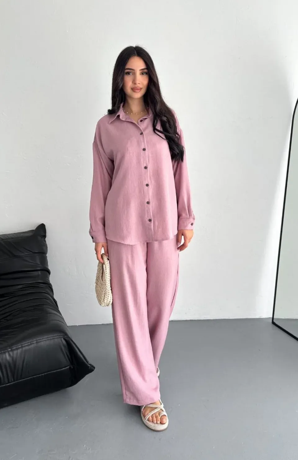 Gömlek Pantolon ikili Takım - Toz Pembe