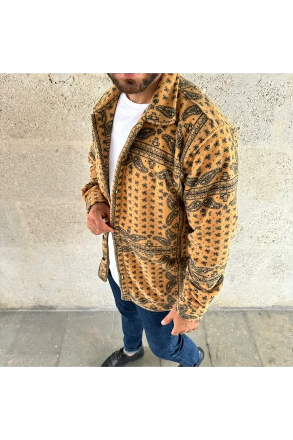 Erkek Polar Fermuarlı Sweatshirt – Kapüşonsuz, Cepli, Yumuşak Dokulu, Oversize Rahat Kalıp, Kışlık Sıcak Tutan Fermuarlı Üst - Sarı