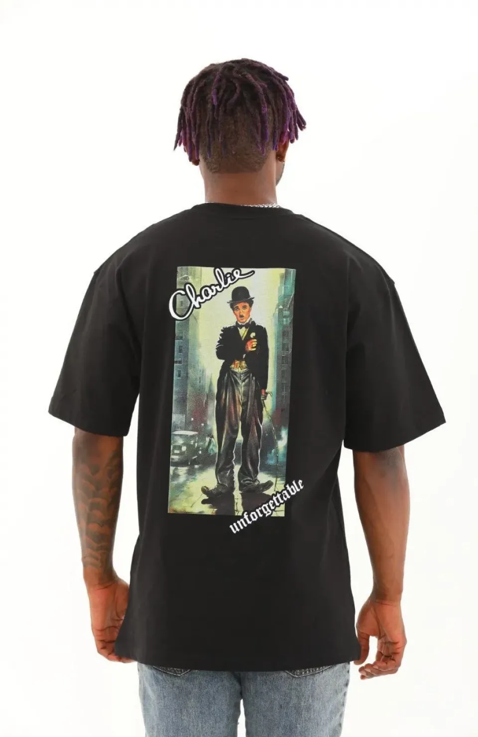 Unisex Oversize Baskılı Bisiklet Yaka T-Shirt - Siyah