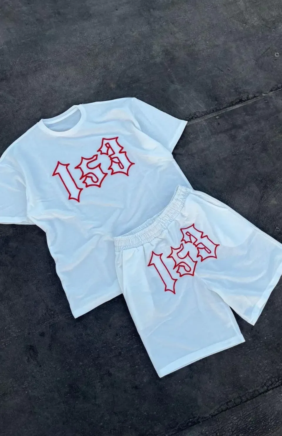 Erkek Nakış İşlemeli Şortlu Takım - Beyaz