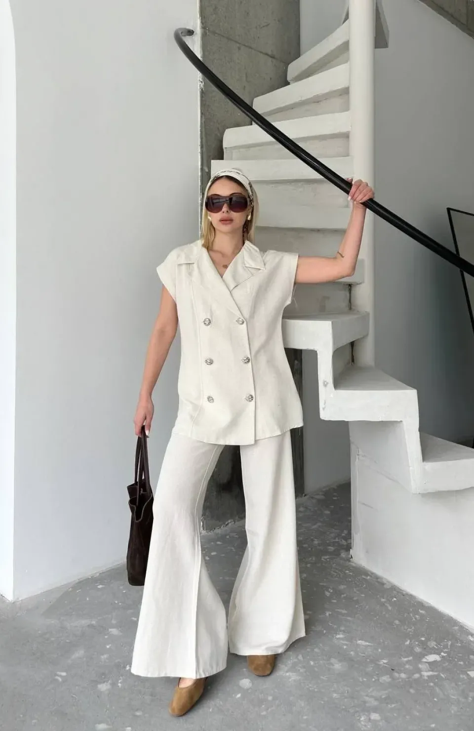 Keten Sıfır Kol Blezer Ceket Pantolon ikili Takım- Beyaz