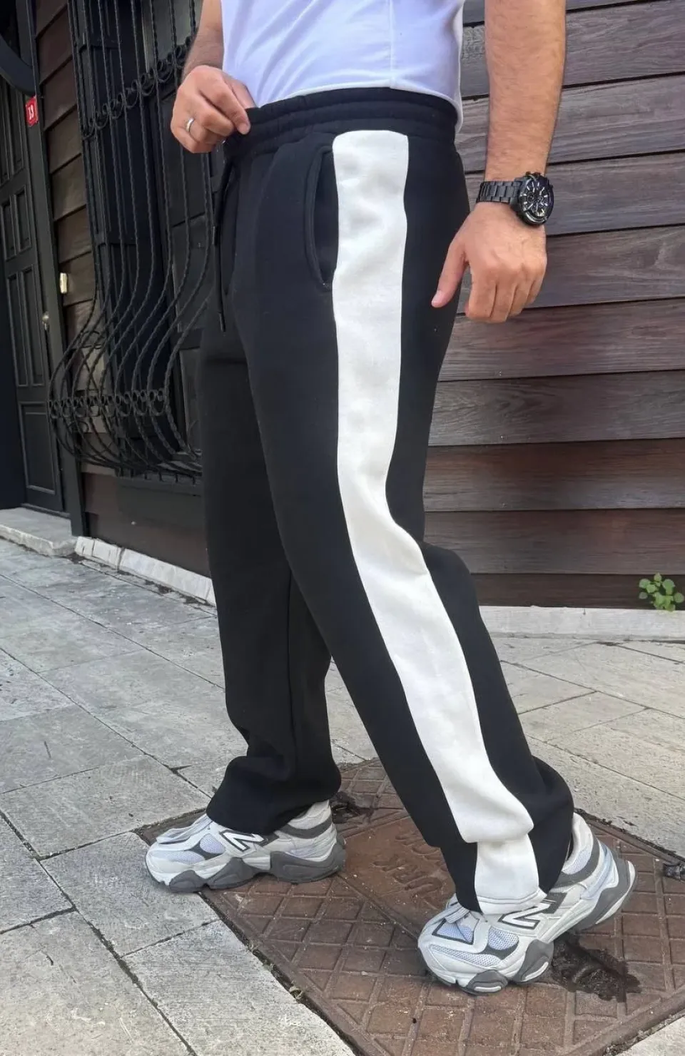 Erkek Üç İplik Kışlık Pamuklu Yandan Garneli Kalın Şeritli Cepli Eşofman Altı - Siyah