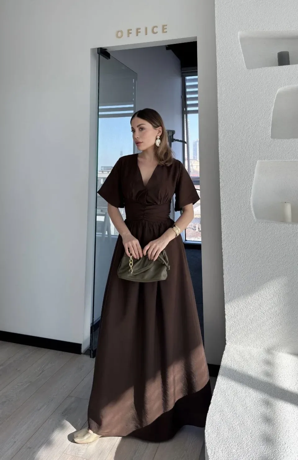 Kısa Kollu Uzun Elbise - Kahve