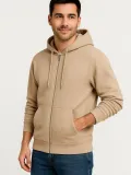 Erkek Üç İplik Kapüşonlu Tam Fermuarlı Kanguru Çepli SweatShirt Hoodie - Bej