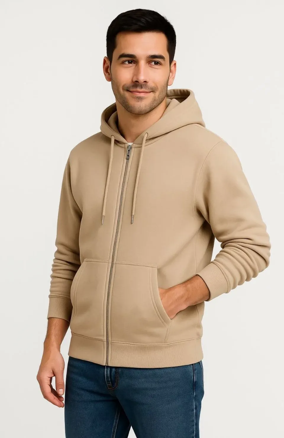 Erkek Üç İplik Kapüşonlu Tam Fermuarlı Kanguru Çepli SweatShirt Hoodie - Bej