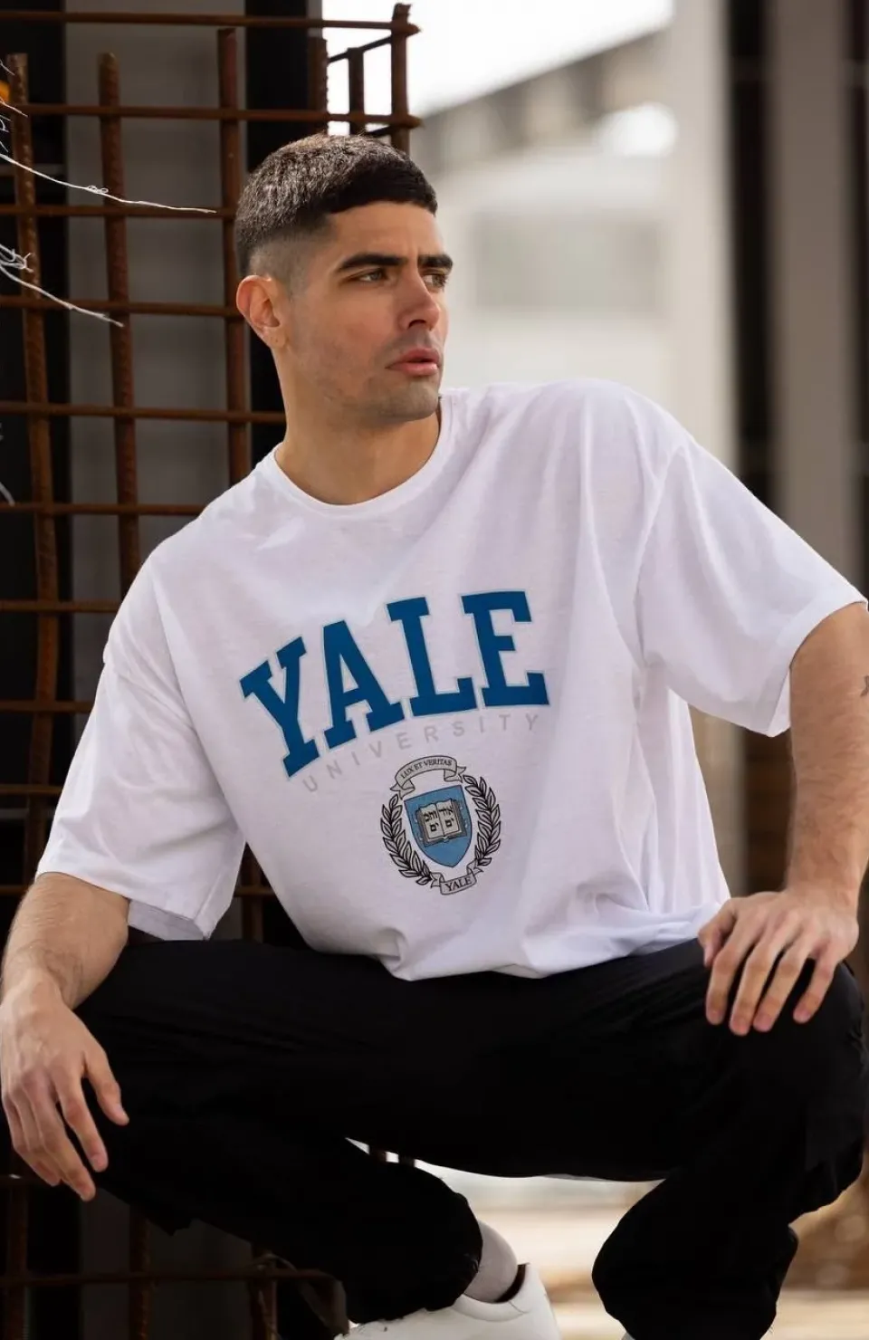 Unisex Bisiklet Yaka Baskılı Oversize T-Shirt - Beyaz