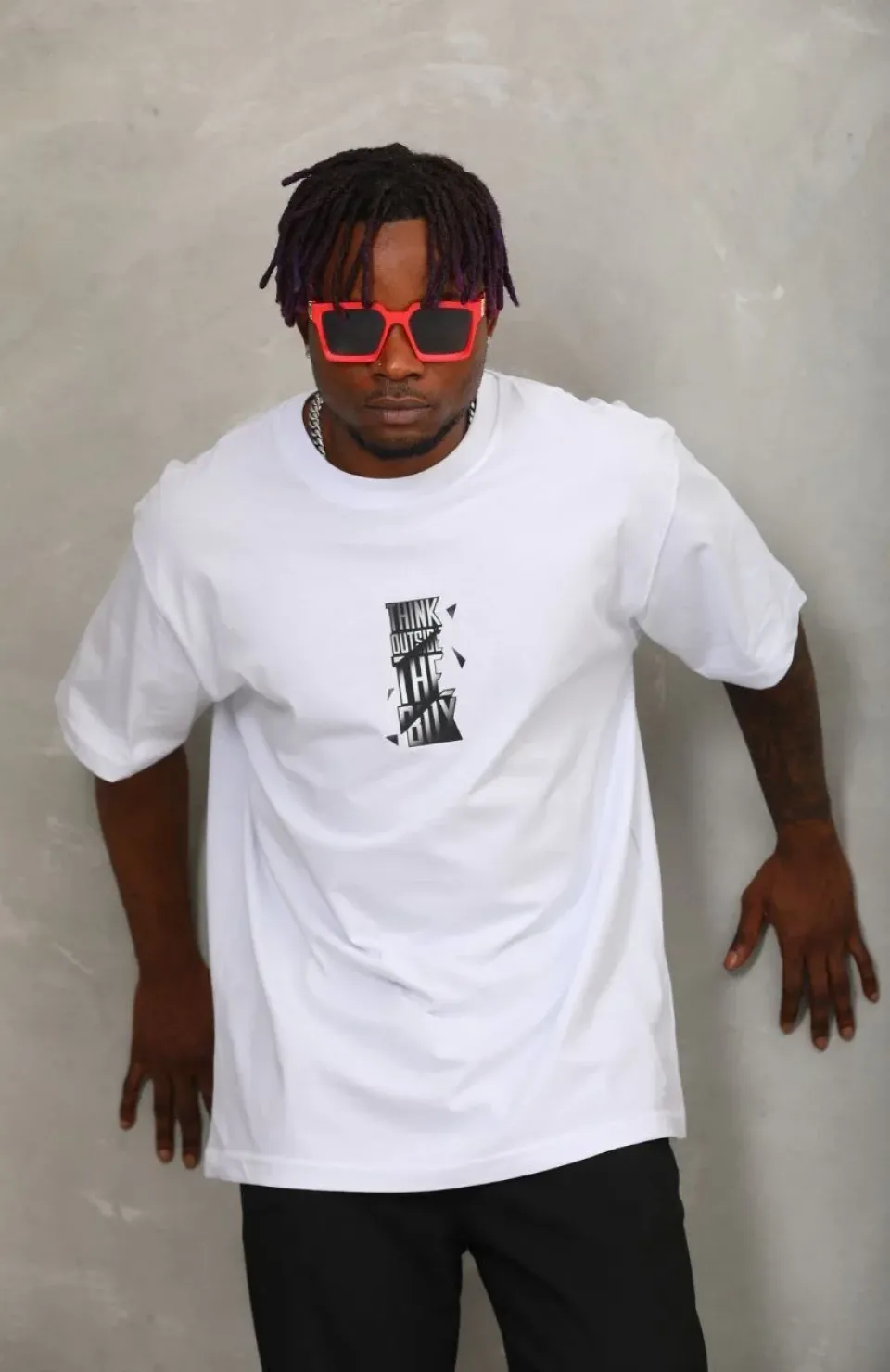 Unisex Oversize Baskılı Bisiklet Yaka T-Shirt - Beyaz