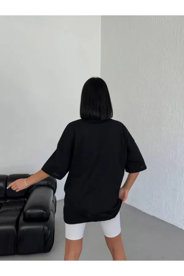 Unisex Bisiklet Yaka Baskılı Oversize T-Shirt - Siyah