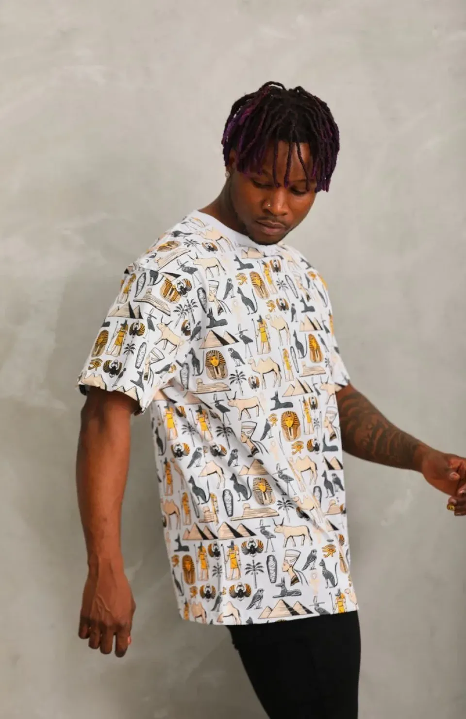 Unisex Oversize Baskılı Bisiklet Yaka T-Shirt - Beyaz