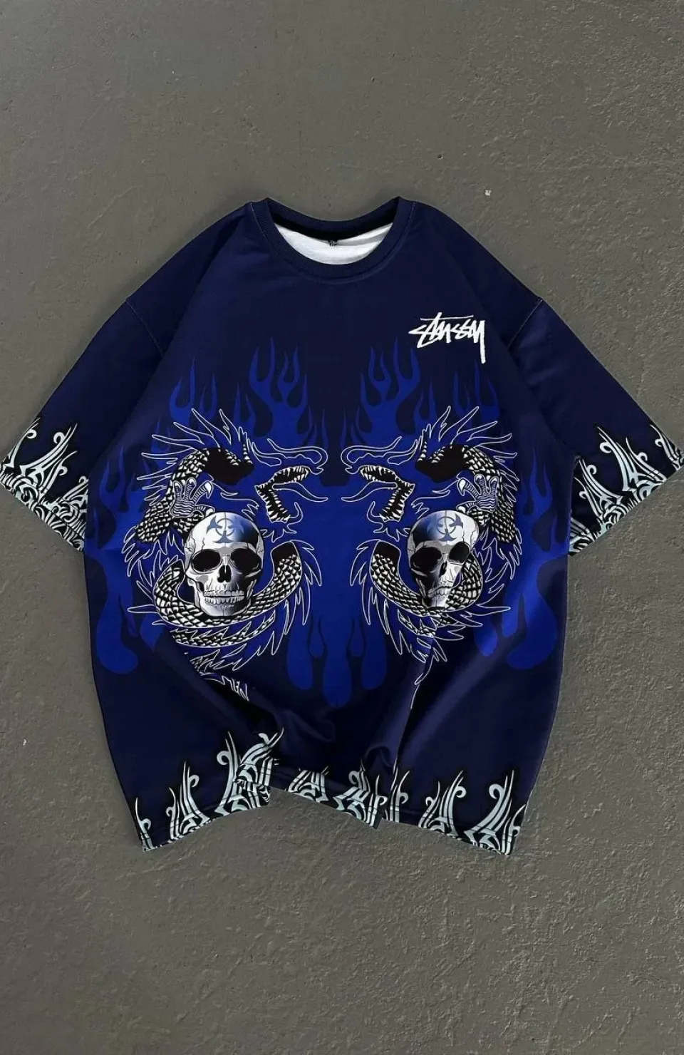 Unisex Bisiklet Yaka Baskılı Oversize T-Shirt - Lacivert