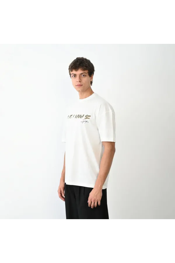 Unisex Bisiklet Yaka Baskılı Oversize T-Shirt - Beyaz