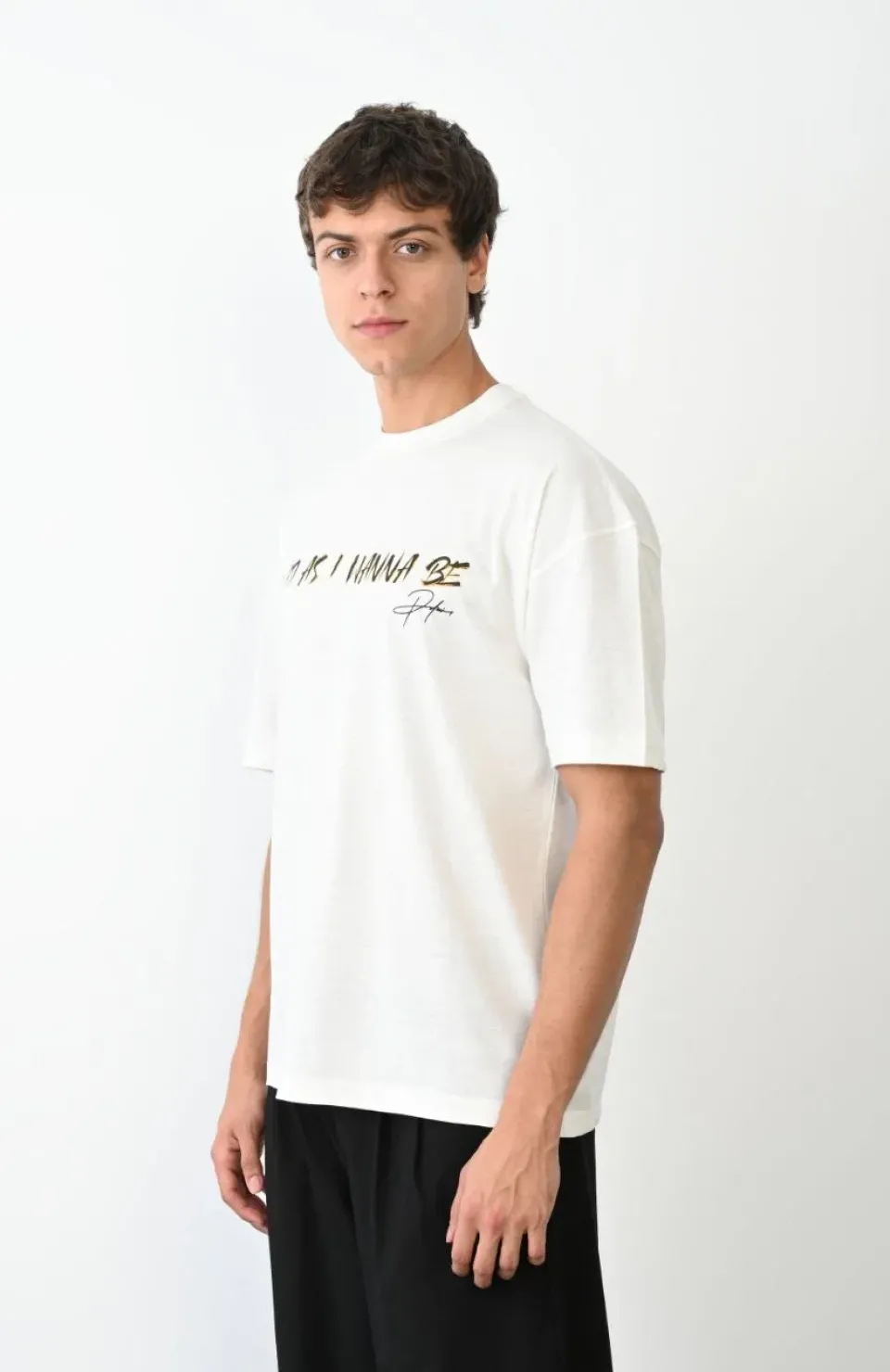 Unisex Bisiklet Yaka Baskılı Oversize T-Shirt - Beyaz