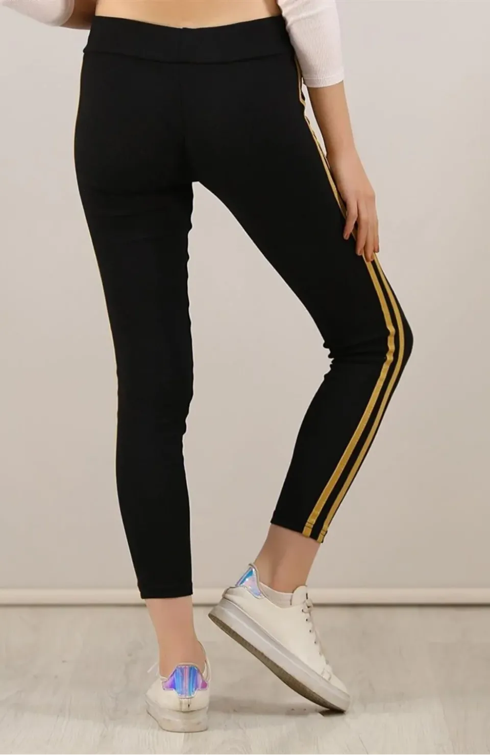 Kadın Yanı Sarı Şeritli Tayt - Siyah