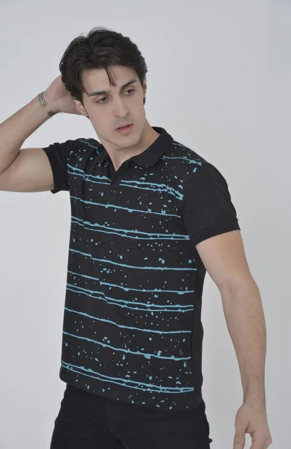 Erkek Yakalı Slim Fit Pike Çizgili T-Shirt - Siyah