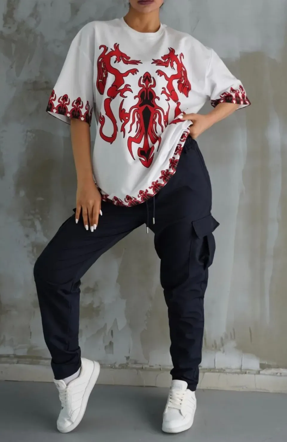 Unisex Bisiklet Yaka Baskılı Oversize T-Shirt - Beyaz