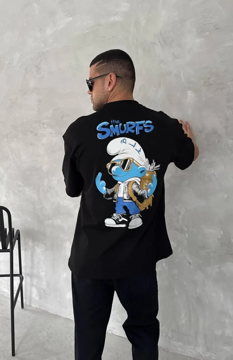 Ön ve Arka Baskılı Oversize Bisiklet Yaka T-shirt- Siyah