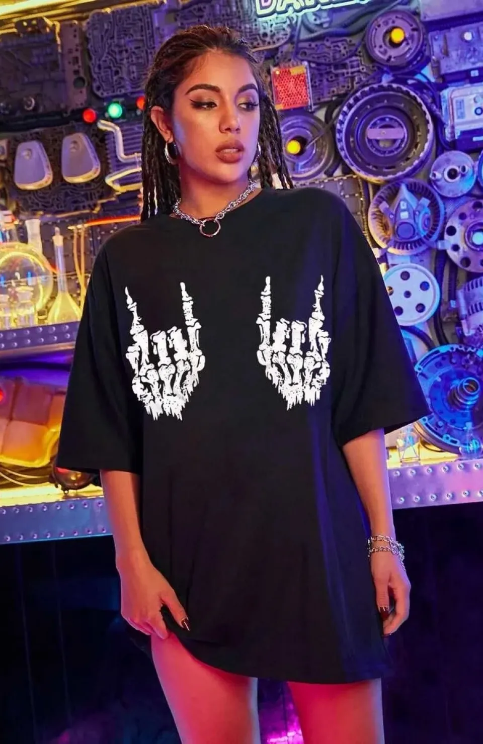 Kadın Baskılı Oversize T-shirt - Siyah