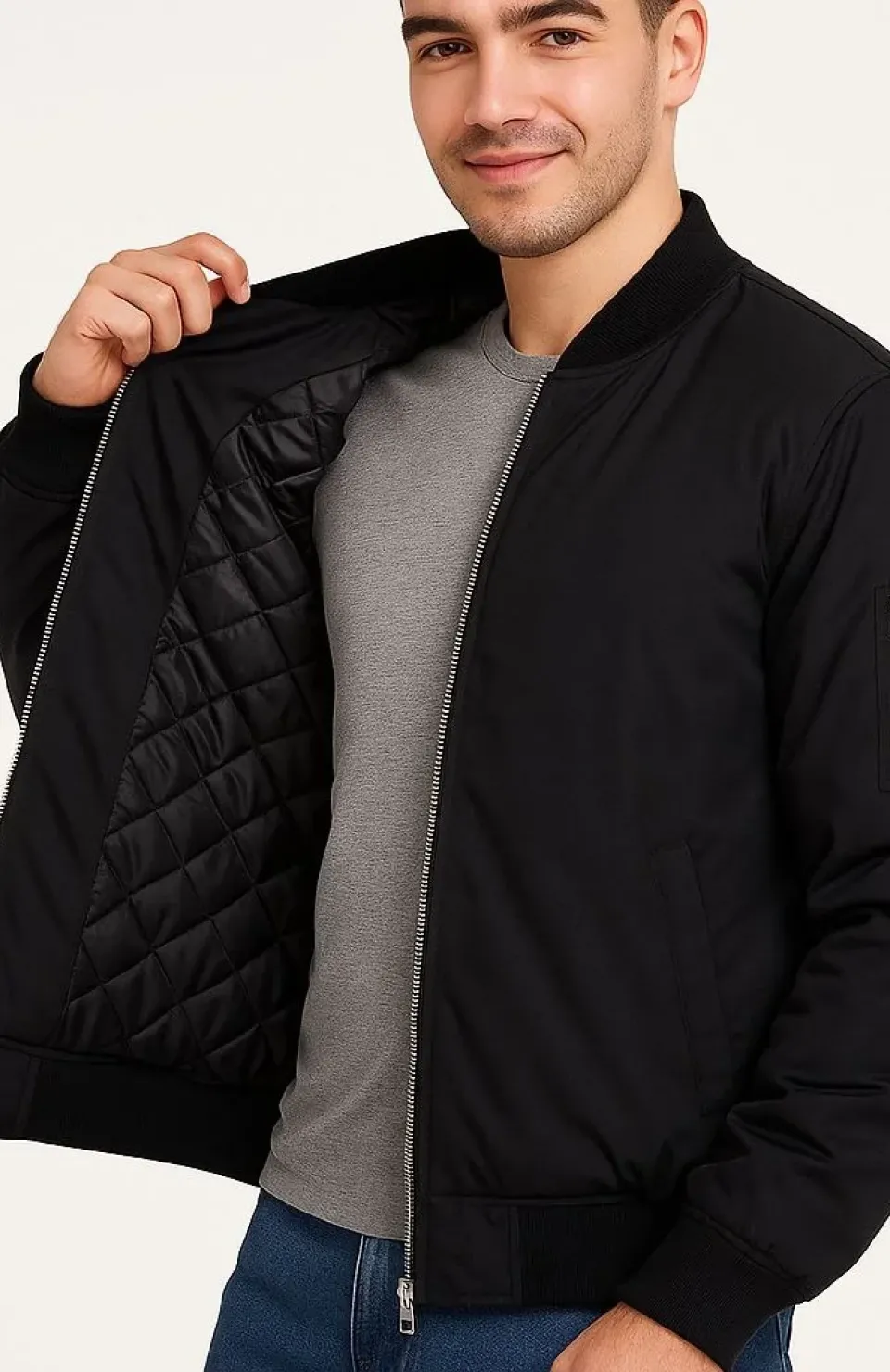 Erkek Bomber Mont Ceket – Fermuarlı, Kapitone İçi Astarlı, Su İtici Kumaş, Regular Fit, Uzun Kollu, Yandan Cepli, Bahar & Kış Rahat Günlük Stil - Siyah