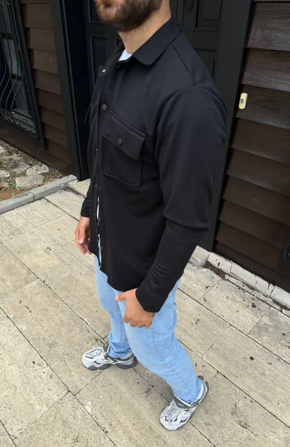 Erkek Diagonal Kumaş Cepli Çıtçıtlı uzun Kollu, Gömlek Oversize Rahat Kalıp Günlük Şık Stil - Siyah