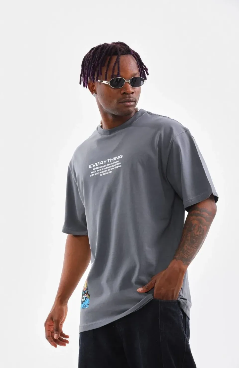 Unisex Bisiklet Yaka Baskılı Oversize T-Shirt - Gri