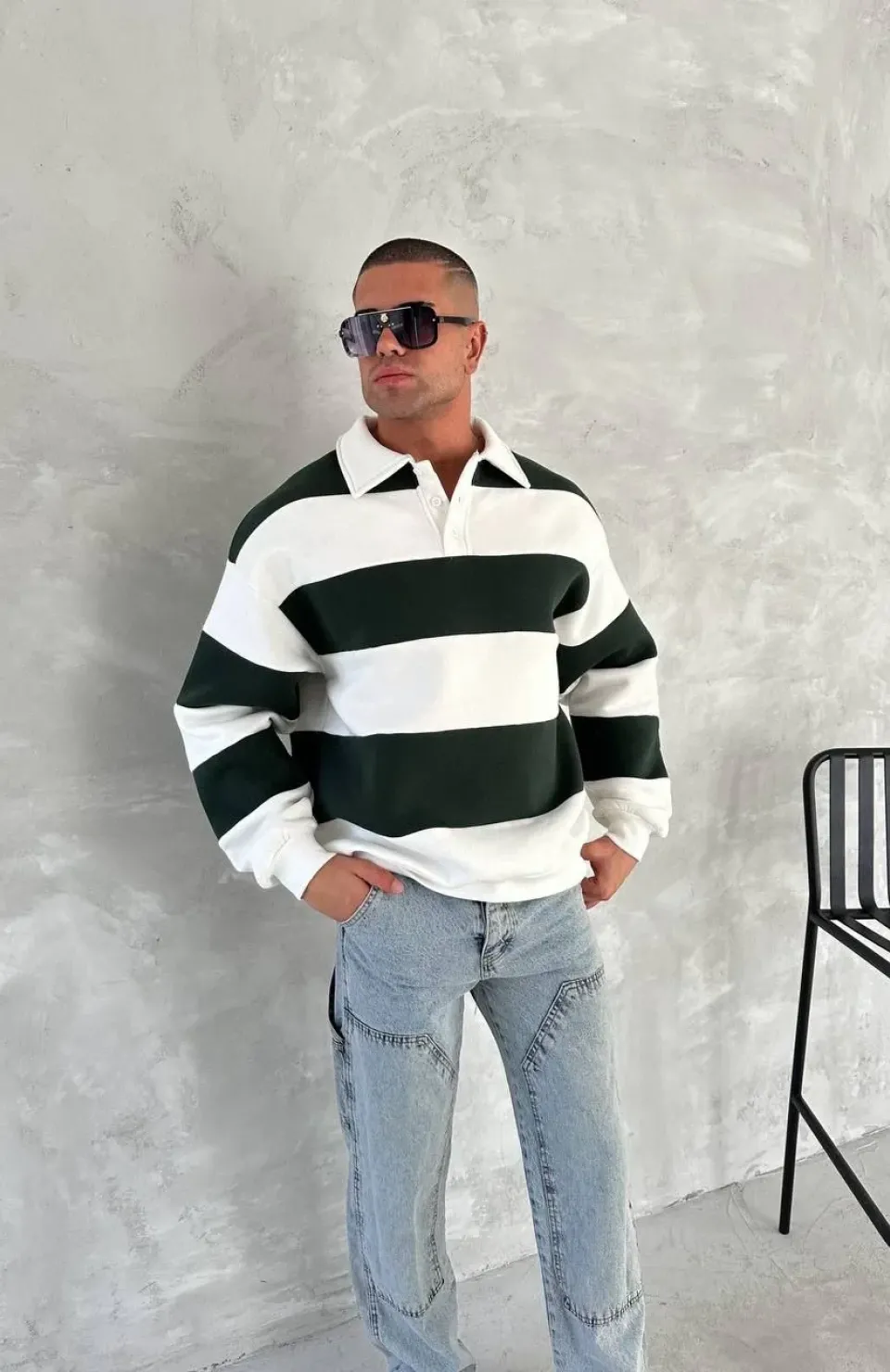 Unisex Üç İplik Parçalı Yakalı SweatShirt - Yeşil