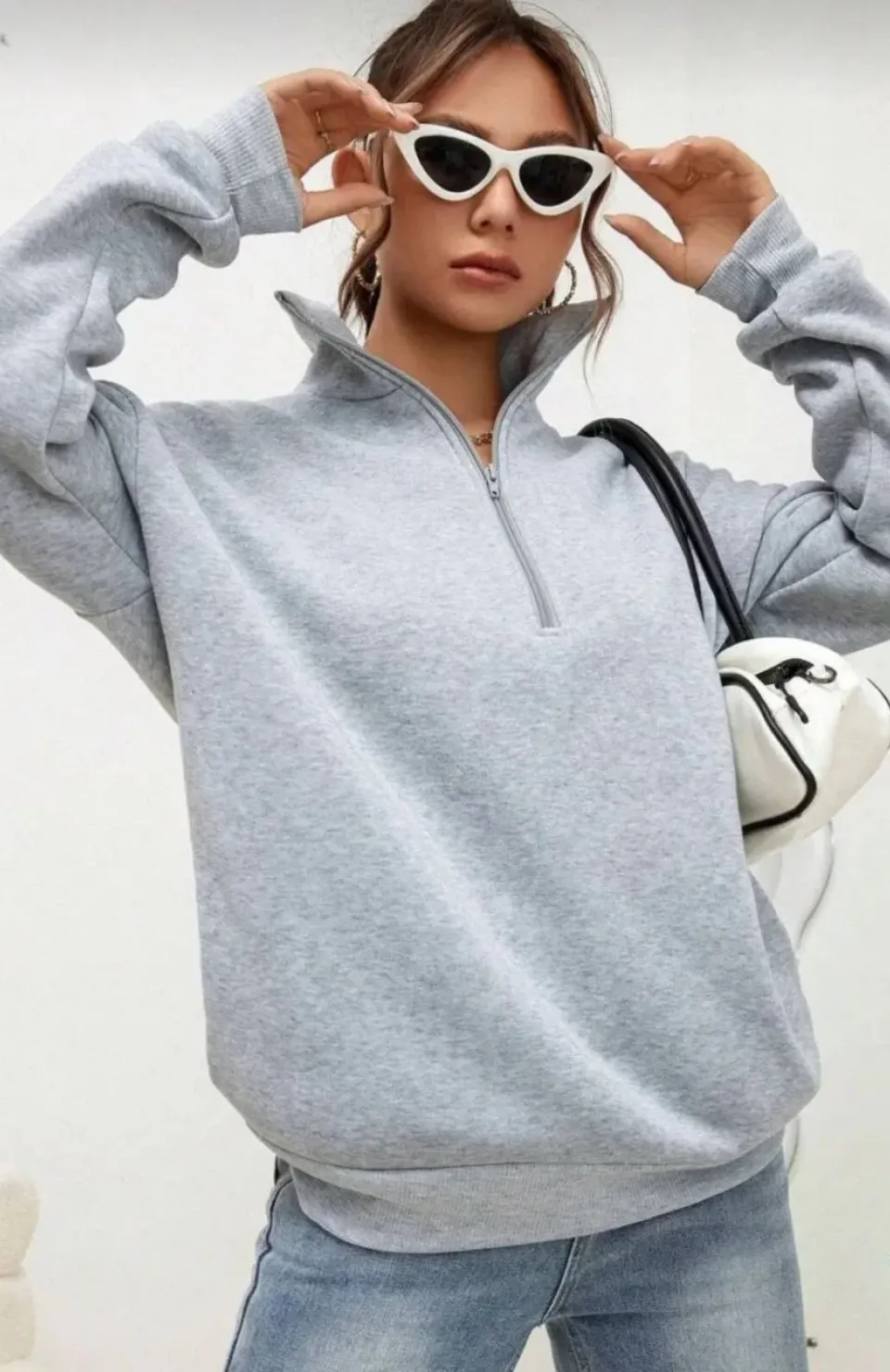 Unisex Uzun Kol Yarım Farmuarlı Yakalı Basic SweatShirt - Gri