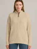 KADIN Yarım Fermuarlı Triko Kazak – Selanik Örgü, Dik Yaka, Pamuklu Dokuma, Oversize Uzun Kollu Kışlık Model - Bej