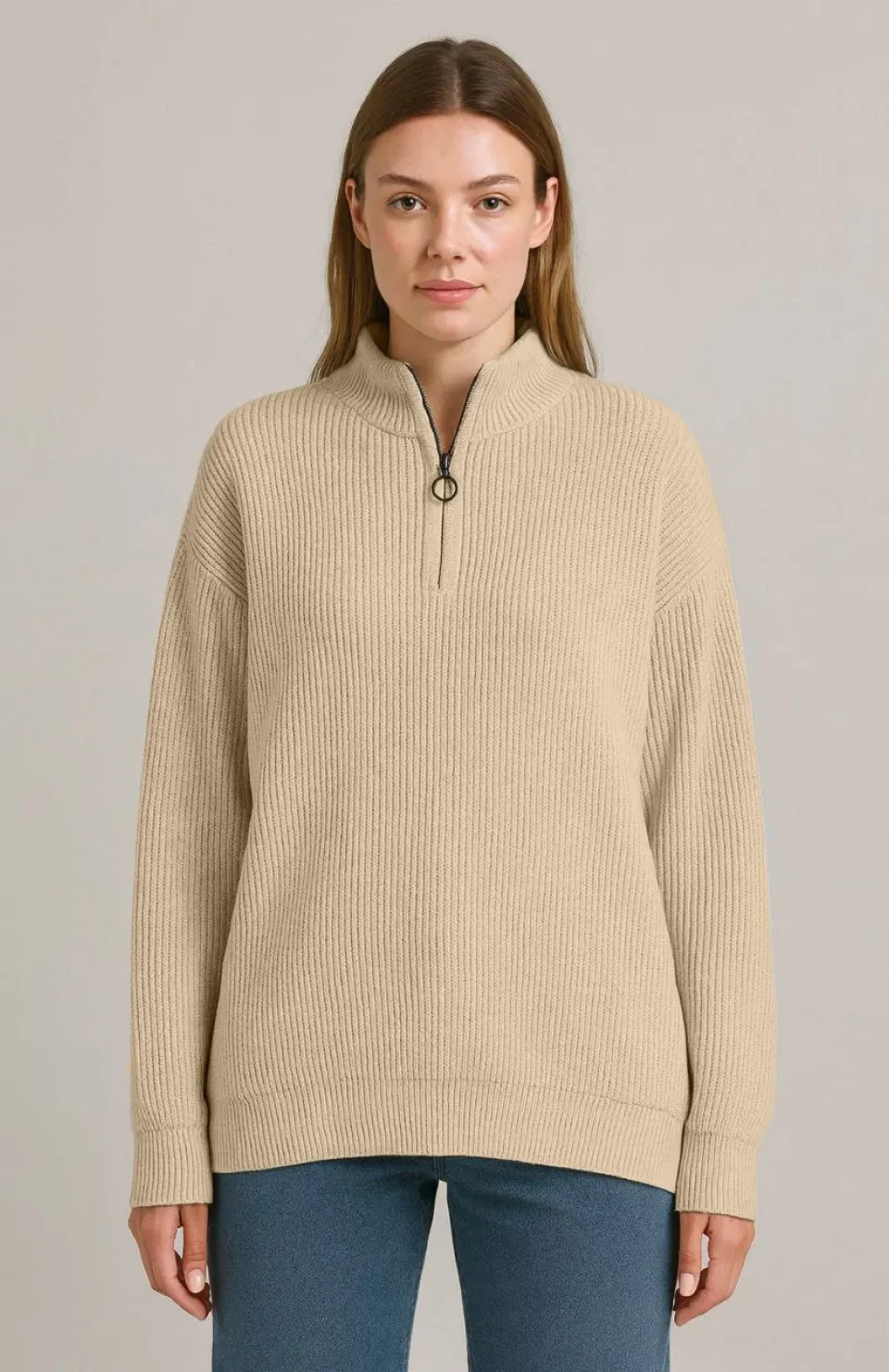 KADIN Yarım Fermuarlı Triko Kazak – Selanik Örgü, Dik Yaka, Pamuklu Dokuma, Oversize Uzun Kollu Kışlık Model - Bej
