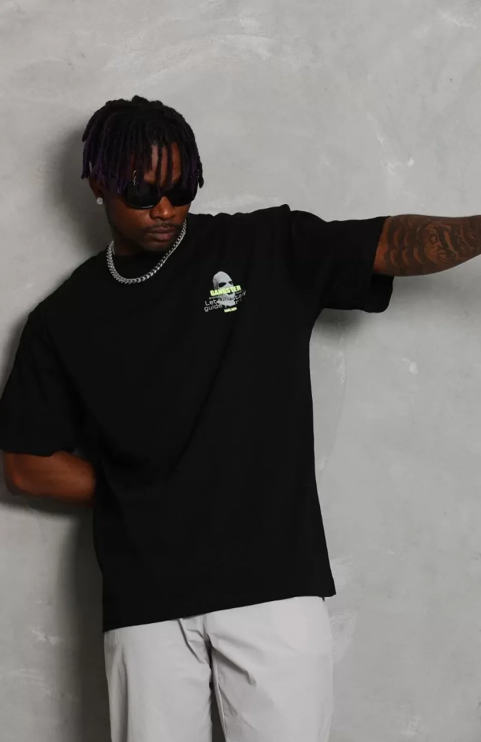 Unisex Oversize Baskılı Bisiklet Yaka T-Shirt - Siyah