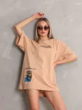 Unisex Bisiklet Yaka Baskılı Oversize T-Shirt - Bej