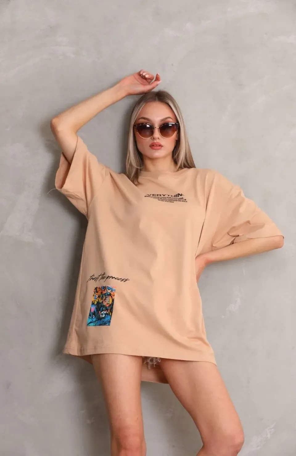 Unisex Bisiklet Yaka Baskılı Oversize T-Shirt - Bej