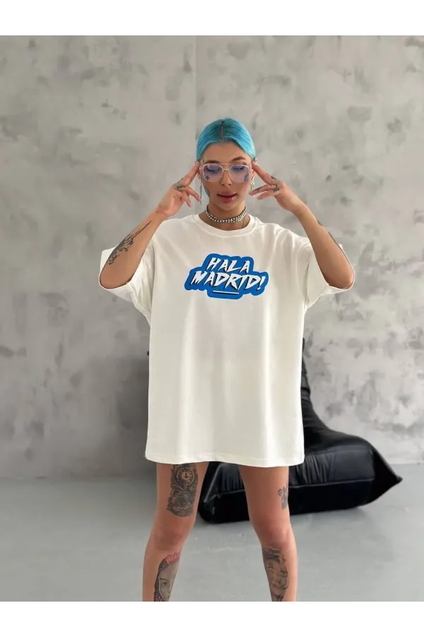 Unisex Bisiklet Yaka Baskılı Oversize T-Shirt - Beyaz