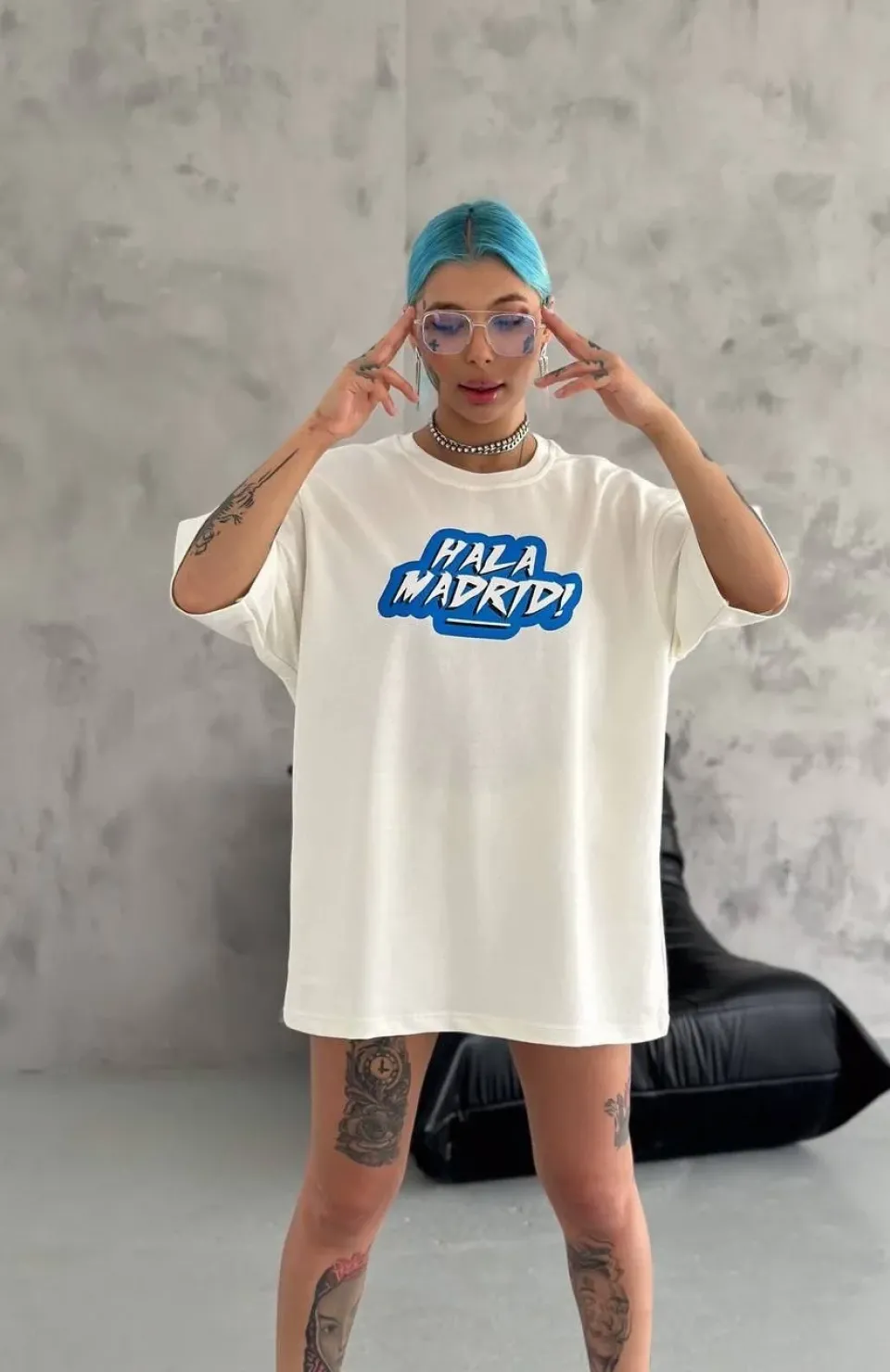 Unisex Bisiklet Yaka Baskılı Oversize T-Shirt - Beyaz