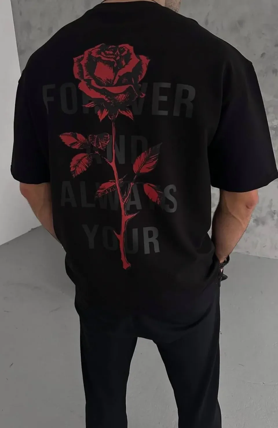 Unisex Bisiklet Yaka Baskılı Oversize T-Shirt - Siyah