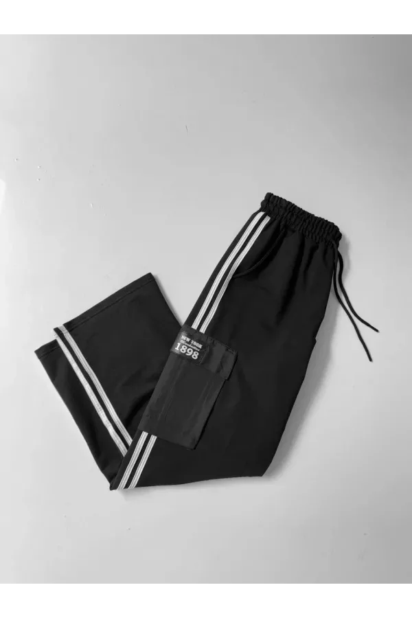 İki İplik Kumaş Kargo Cepli Şeritli Alt Esofman - Siyah