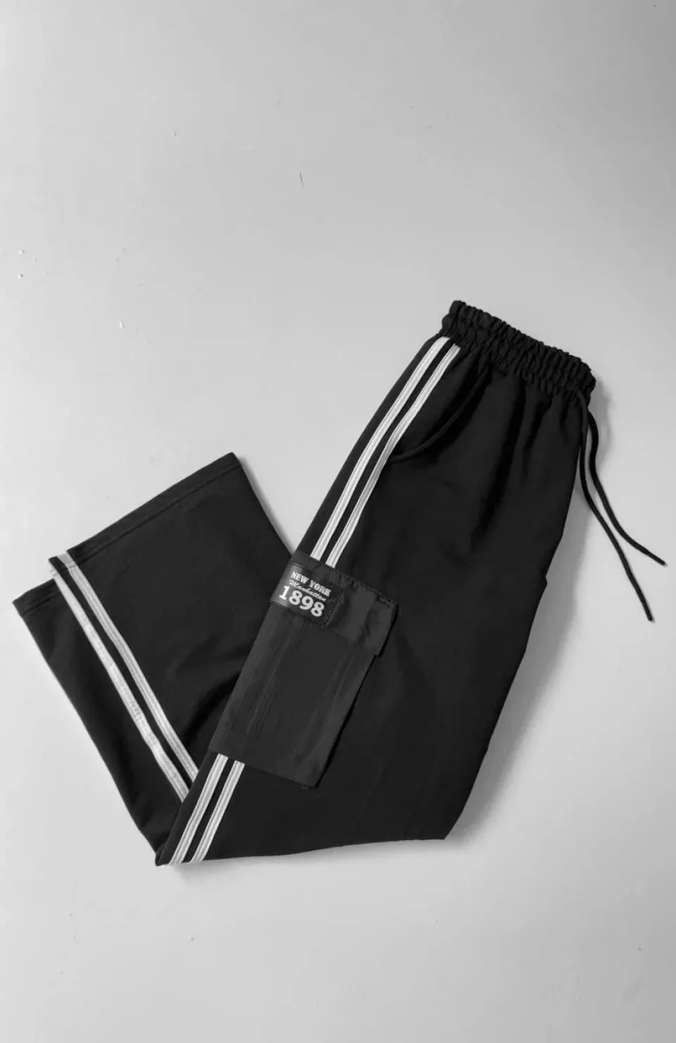 İki İplik Kumaş Kargo Cepli Şeritli Alt Esofman - Siyah